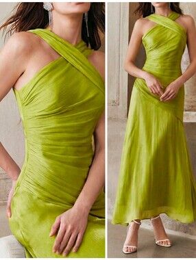 New Luxe Metallic Twist Halter Asymmetrical Midi Dress Bright Spring Green